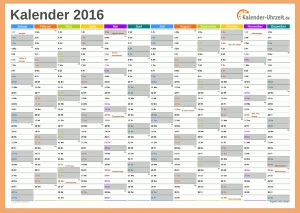Jahreskalender 2017 für Excel