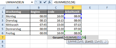 Zeiträume in Excel berechnen mit der Formel: =SUMME(Zahl1;Zahl2)