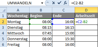 Zeiträume in Excel berechnen mit der Formel: =Zahl2-Zahl1