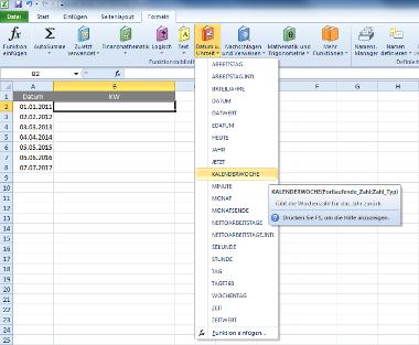 Excel-Formel für Kalenderwochen über Menü bestimmen - Schritt 1