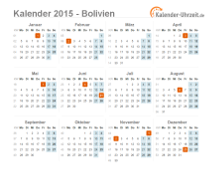 Kalender 2015 Bolivien mit Feiertagen zum Downloaden und Ausdrucken Kalender 2015 Bolivien mit Feiertagen