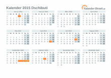 Kalender 2015 Dschibuti mit Feiertagen zum Downloaden und Ausdrucken Kalender 2015 Dschibuti mit Feiertagen