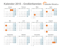 Kalender 2015 Großbritannien mit Feiertagen