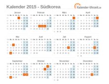Kalender 2015 Südkorea mit Feiertagen zum Downloaden und Ausdrucken Kalender 2015 Südkorea mit Feiertagen