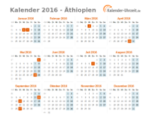 Kalender 2016 Äthiopien mit Feiertagen zum Downloaden und Ausdrucken Kalender 2016 Äthiopien mit Feiertagen