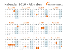 Kalender 2016 Albanien mit Feiertagen