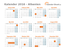 Kalender 2016 Albanien mit Feiertagen zum Downloaden und Ausdrucken Kalender 2016 Albanien mit Feiertagen