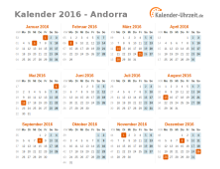 Kalender 2016 Andorra mit Feiertagen