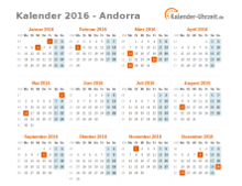 Kalender 2016 Andorra mit Feiertagen zum Downloaden und Ausdrucken Kalender 2016 Andorra mit Feiertagen