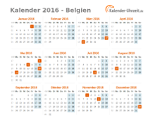 Kalender 2016 Belgien mit Feiertagen