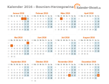 Kalender 2016 Bosnien-Herzegowina mit Feiertagen