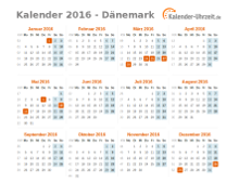 Kalender 2016 Dänemark mit Feiertagen