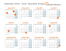 Kalender 2016 Dem. Republik Kongo mit Feiertagen