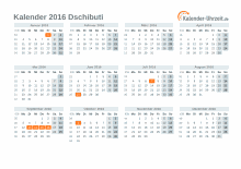 Kalender 2016 Dschibuti mit Feiertagen