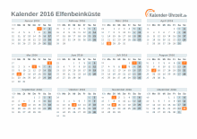 Kalender 2016 Elfenbeinküste mit Feiertagen