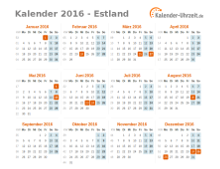 Kalender 2016 Estland mit Feiertagen