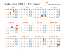 Kalender 2016 Finnland mit Feiertagen zum Downloaden und Ausdrucken Kalender 2016 Finnland mit Feiertagen