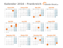 Kalender 2016 Frankreich mit Feiertagen