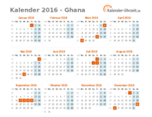Kalender 2016 Ghana mit Feiertagen