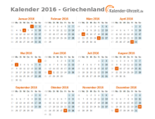 Kalender 2016 Griechenland mit Feiertagen