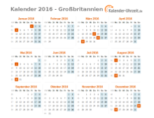 Kalender 2016 Großbritannien mit Feiertagen