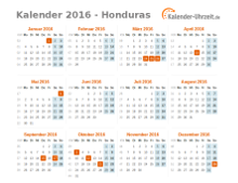 Kalender 2016 Honduras mit Feiertagen