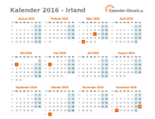 Kalender 2016 Irland mit Feiertagen zum Downloaden und Ausdrucken Kalender 2016 Irland mit Feiertagen