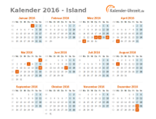 Kalender 2016 Island mit Feiertagen