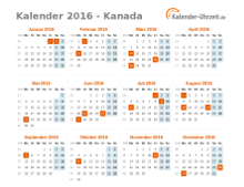 Kalender 2016 Kanada mit Feiertagen zum Downloaden und Ausdrucken Kalender 2016 Kanada mit Feiertagen