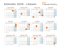 Kalender 2016 Litauen mit Feiertagen