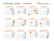 Kalender 2016 Litauen mit Feiertagen zum Downloaden und Ausdrucken Kalender 2016 Litauen mit Feiertagen