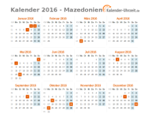 Kalender 2016 Mazedonien mit Feiertagen
