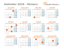 Kalender 2016 Monaco mit Feiertagen