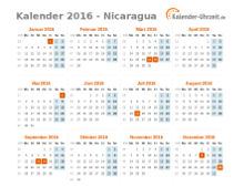 Kalender 2016 Nicaragua mit Feiertagen