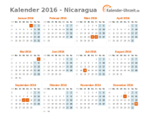 Kalender 2016 Nicaragua mit Feiertagen zum Downloaden und Ausdrucken Kalender 2016 Nicaragua mit Feiertagen