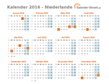 Kalender 2016 Niederlande mit Feiertagen
