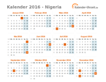 Kalender 2016 Nigeria mit Feiertagen