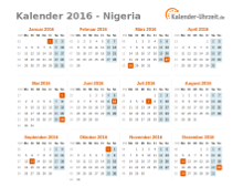 Kalender 2016 Nigeria mit Feiertagen zum Downloaden und Ausdrucken Kalender 2016 Nigeria mit Feiertagen