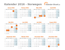 Kalender 2016 Norwegen mit Feiertagen