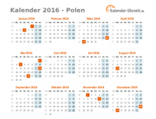 Kalender 2016 Polen mit Feiertagen