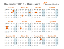 Kalender 2016 Russland mit Feiertagen