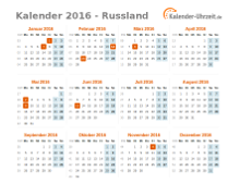 Kalender 2016 Russland mit Feiertagen zum Downloaden und Ausdrucken Kalender 2016 Russland mit Feiertagen