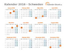 Kalender 2016 Schweden mit Feiertagen