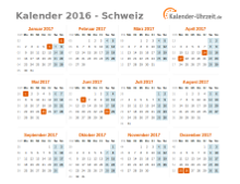 Kalender 2016 Schweiz mit Feiertagen