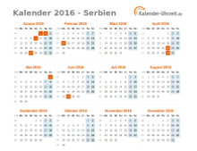 Kalender 2016 Serbien mit Feiertagen