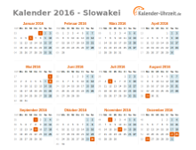 Kalender 2016 Slowakei mit Feiertagen