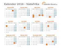 Kalender 2016 Südafrika mit Feiertagen