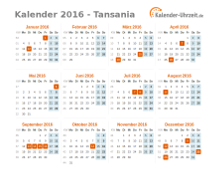 Kalender 2016 Tansania mit Feiertagen