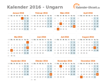 Kalender 2016 Ungarn mit Feiertagen