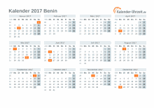 Kalender 2017 Benin mit Feiertagen zum Downloaden und Ausdrucken Kalender 2017 Benin mit Feiertagen